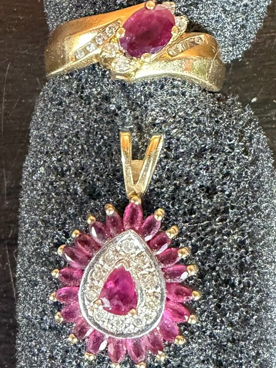 Jewelry - 14K Yellow Gold Ruby and Diamond Ring Sz 7 w/ 10K Gold Ruby Pendant -Anniversary